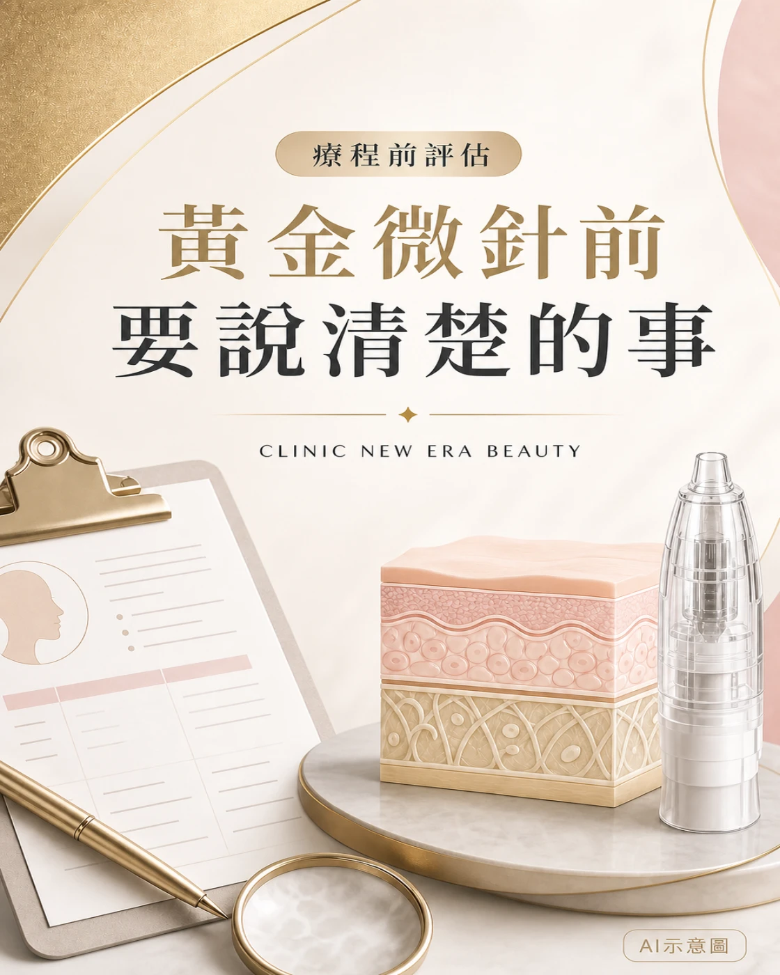 新定義診所醫美黃金微針療程前評估文章封面，以諮詢表、皮膚層與針匣概念呈現